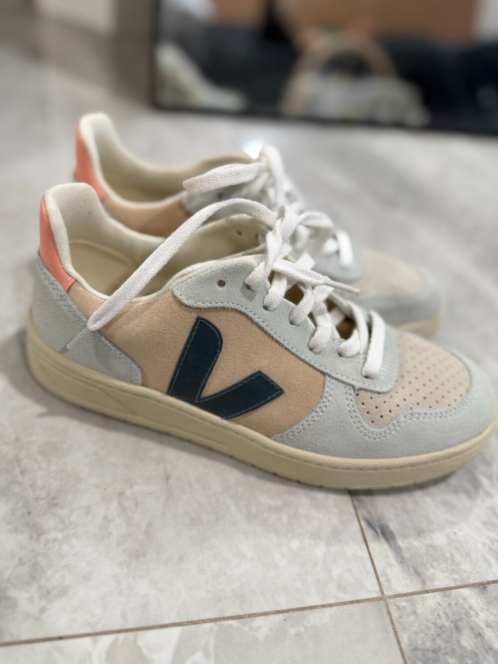 Veja Women's Sneakers in Cream, Beige & Navy with Coral Heel Tab